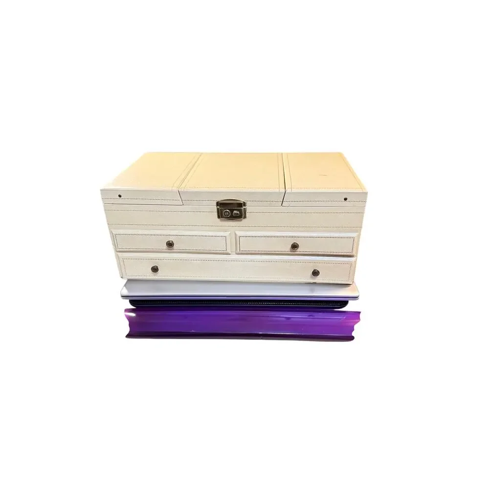 Vintage Ivory Jewelry Chest Red Velvet Mirror Locking 3 Drawer Jewelry Box Case